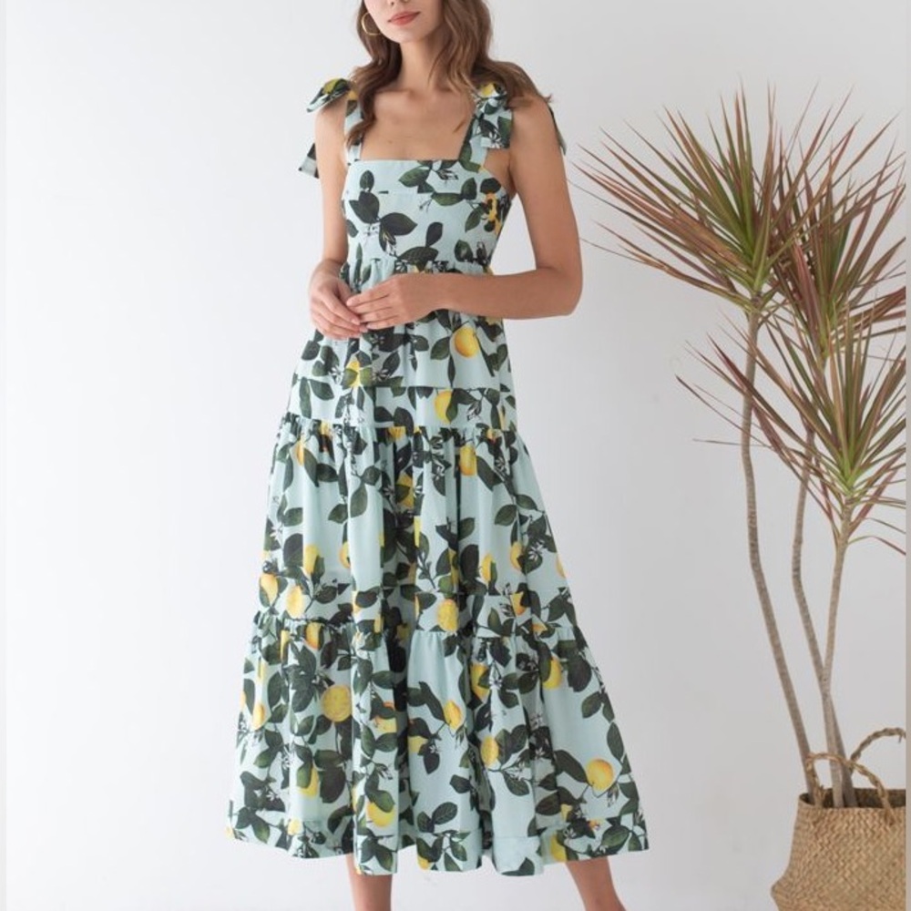 NEW Chicwish Minty Lemon Print Tie Strap Maxi Dress Tiered Skirt Size L